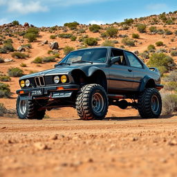 A BMW E30 car depicted in an off-road environment, equipped with large tractor wheels that add a rugged touch to its classic design