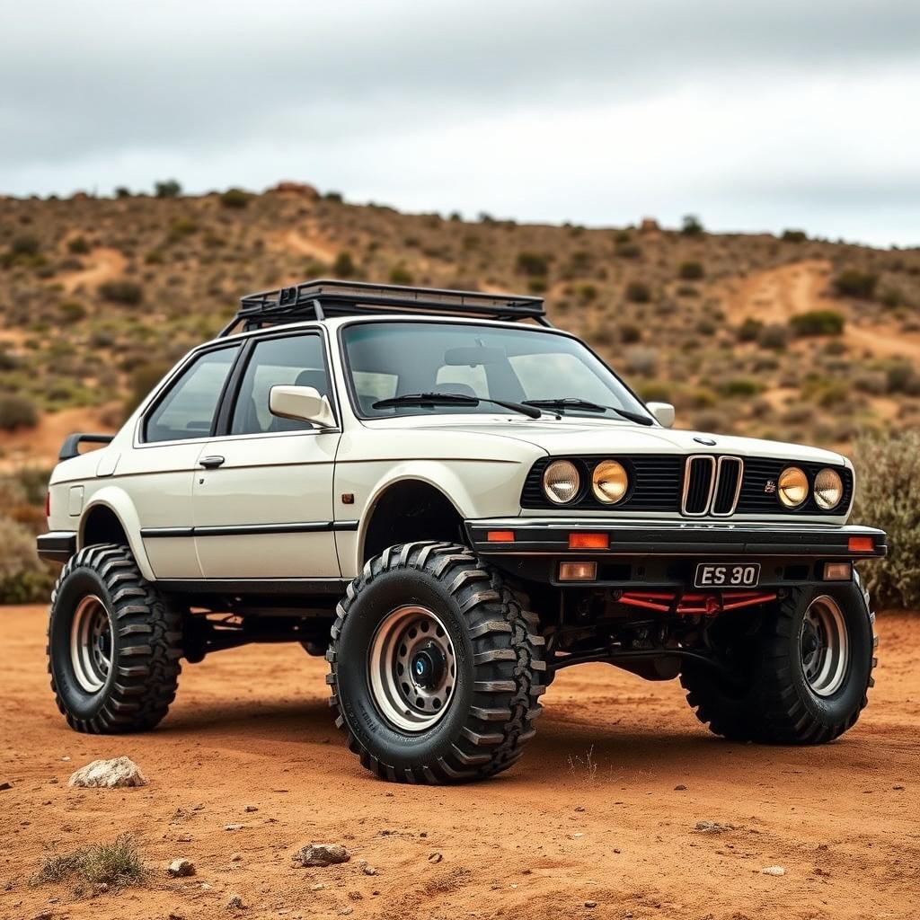 A BMW E30 car depicted in an off-road environment, equipped with large tractor wheels that add a rugged touch to its classic design