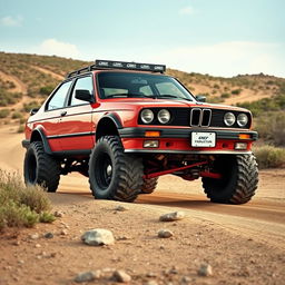 A BMW E30 car depicted in an off-road environment, equipped with large tractor wheels that add a rugged touch to its classic design