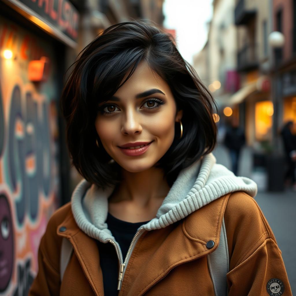 A 29-year-old Italian woman with olive skin and dark hair wearing a stylish hoodie