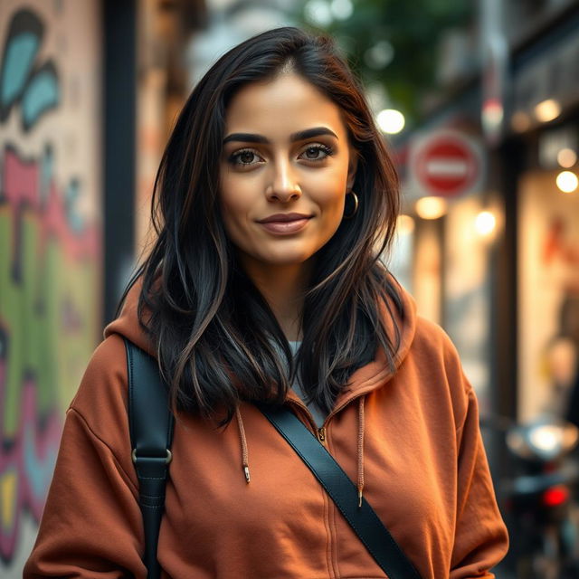 A 29-year-old Italian woman with olive skin and dark hair wearing a stylish hoodie