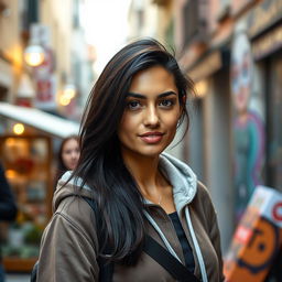 A 29-year-old Italian woman with olive skin and dark hair wearing a stylish hoodie