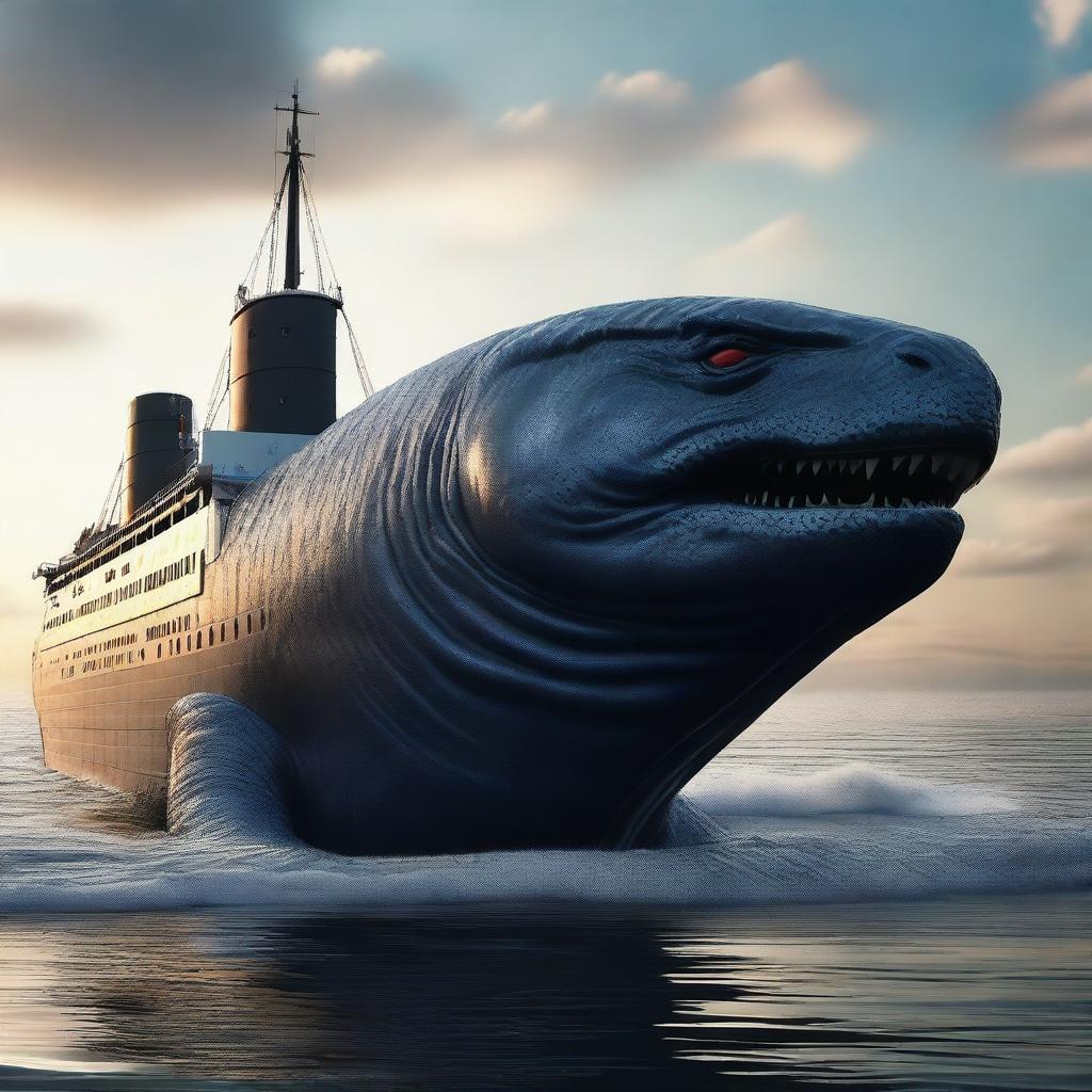 A Godzilla-like colossal sea fish next to the Titanic, presented in a high-definition, 4K, hyper-realistic style.