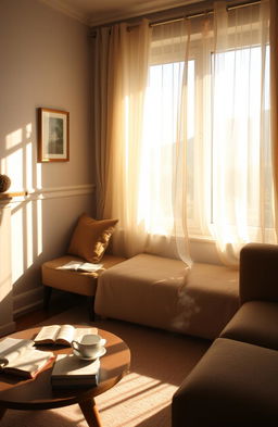 A cozy room with soft, warm lighting, featuring a comfortable couch and a coffee table