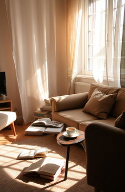 A cozy room with soft, warm lighting, featuring a comfortable couch and a coffee table