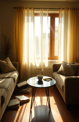 A cozy room with soft, warm lighting, featuring a comfortable couch and a coffee table