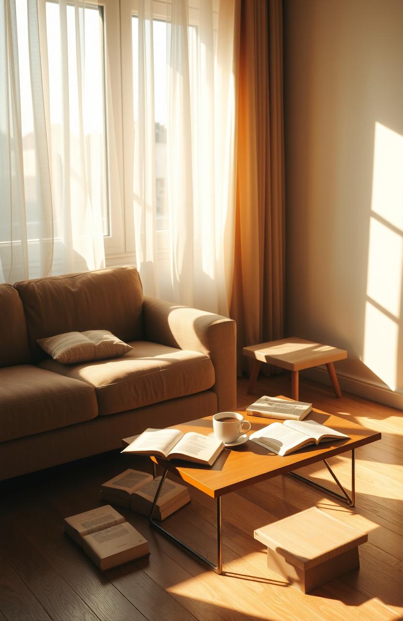 A cozy room with soft, warm lighting, featuring a comfortable couch and a coffee table