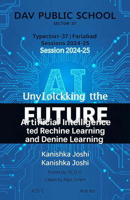 A visually striking cover page design featuring an AI-themed background that represents artificial intelligence and machine learning with futuristic elements like circuit patterns and digital motifs