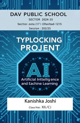 A visually striking cover page design featuring an AI-themed background that represents artificial intelligence and machine learning with futuristic elements like circuit patterns and digital motifs