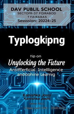 A visually striking cover page design featuring an AI-themed background that represents artificial intelligence and machine learning with futuristic elements like circuit patterns and digital motifs
