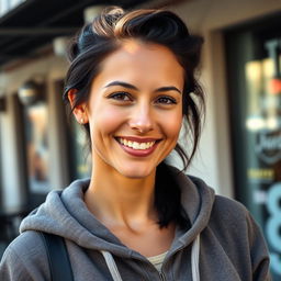 A 29-year-old Italian woman with tanned skin and a bright smile, featuring dark hair styled casually