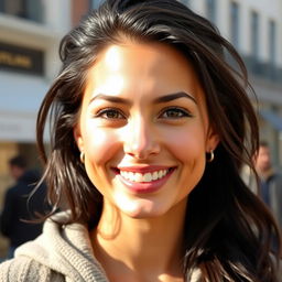 A 29-year-old Italian woman with tanned skin and a bright smile, featuring dark hair styled casually