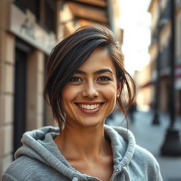 A 29-year-old Italian woman with tanned skin and a bright smile, featuring dark hair styled casually