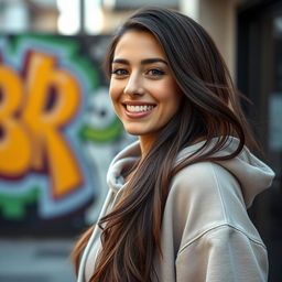 A full-body portrait of a 29-year-old Italian woman with tanned skin and a bright smile