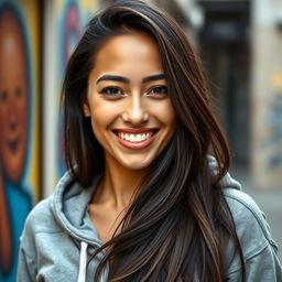 A full-body portrait of a 29-year-old Italian woman with tanned skin and a bright smile