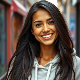 A full-body portrait of a 29-year-old Italian woman with tanned skin and a bright smile