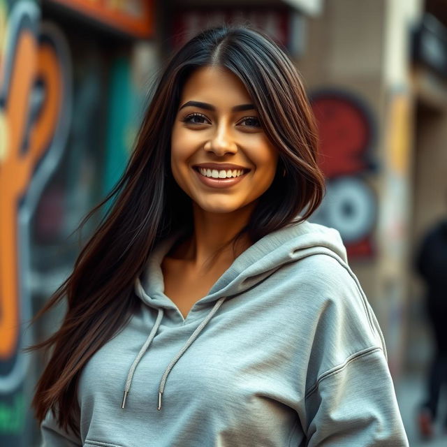 A full-body portrait of a 29-year-old Italian woman with tanned skin and a bright smile