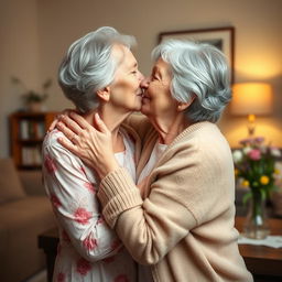 Two 70-year-old women lovingly caressing each other in a warm, intimate setting, sharing a gentle kiss