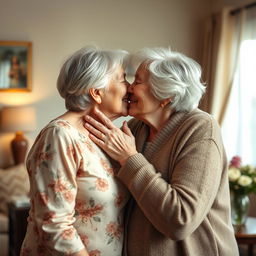 Two 70-year-old women lovingly caressing each other in a warm, intimate setting, sharing a gentle kiss