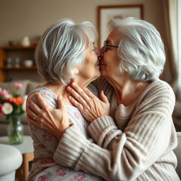 Two 70-year-old women lovingly caressing each other in a warm, intimate setting, sharing a gentle kiss