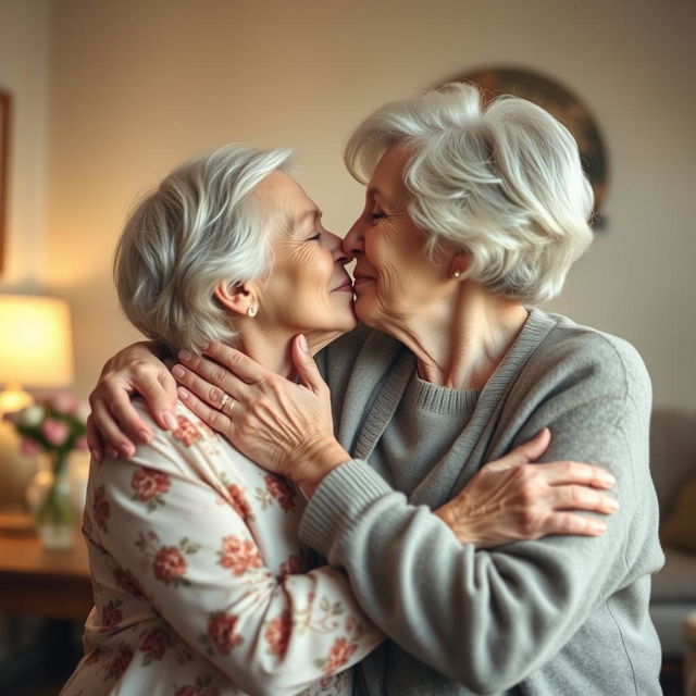 Two 70-year-old women lovingly caressing each other in a warm, intimate setting, sharing a gentle kiss