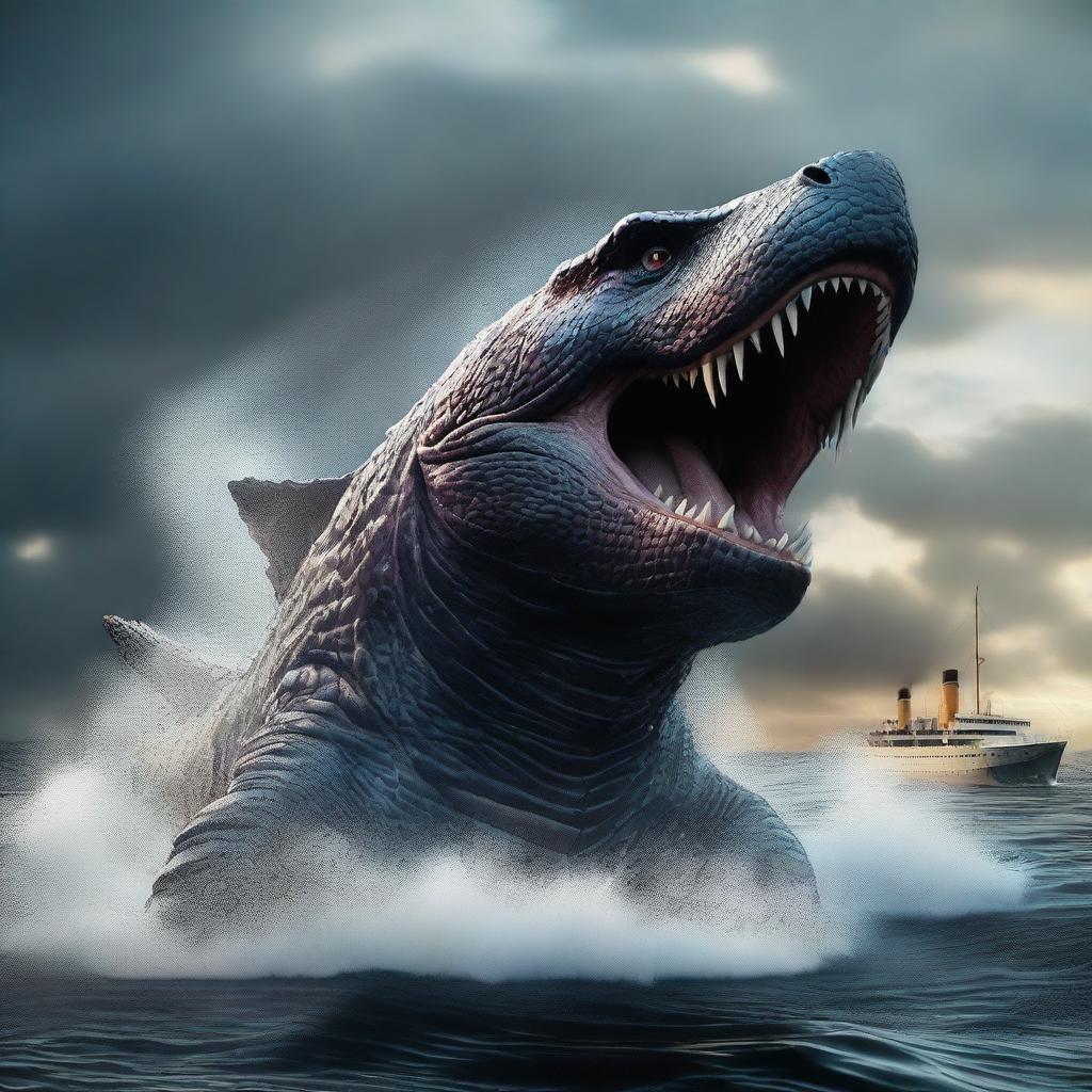 A Godzilla-like colossal sea fish, in high-definition, 4K, hyper-realistic style, devouring the Titanic.