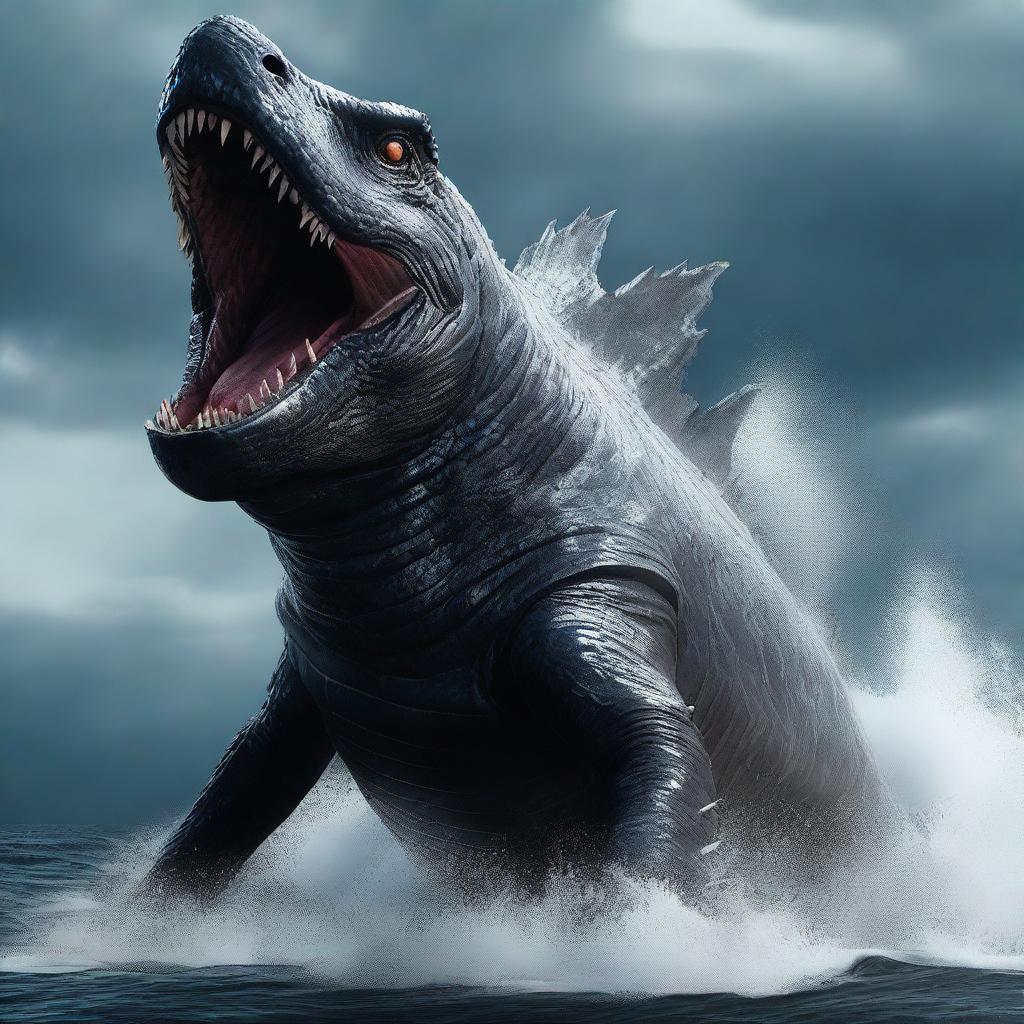 A Godzilla-like colossal sea fish, in high-definition, 4K, hyper-realistic style, devouring the Titanic.