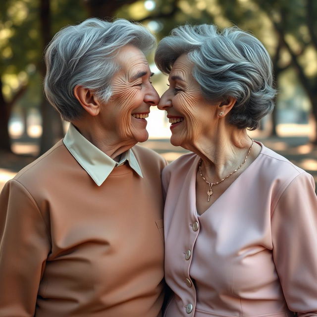 Two 70-year-old conjoined twins sharing a loving kiss, their aged faces adorned with deep lines of wisdom and warmth