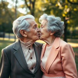 Two 70-year-old conjoined twins sharing a loving kiss, their aged faces adorned with deep lines of wisdom and warmth