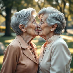 Two 70-year-old conjoined twins sharing a loving kiss, their aged faces adorned with deep lines of wisdom and warmth