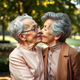 Two 70-year-old conjoined twins sharing a loving kiss, their aged faces adorned with deep lines of wisdom and warmth