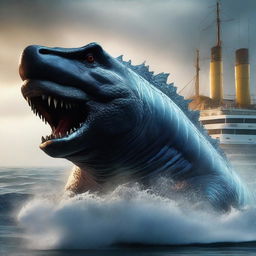 A Godzilla-like colossal sea fish, in high-definition, 4K, hyper-realistic style, devouring the Titanic.