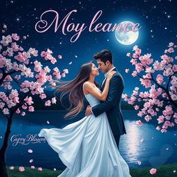 A romantic cover design featuring a couple in an intimate embrace under a starry night sky