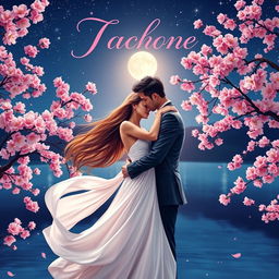 A romantic cover design featuring a couple in an intimate embrace under a starry night sky