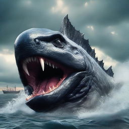 A Godzilla-like colossal sea fish, in high-definition, 4K, hyper-realistic style, devouring the Titanic.