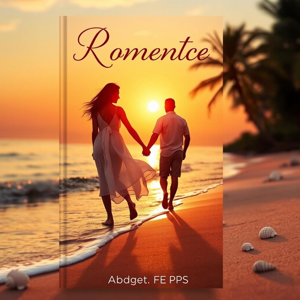 A romantic book cover featuring a serene sunset over a calm beach