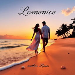 A romantic book cover featuring a serene sunset over a calm beach