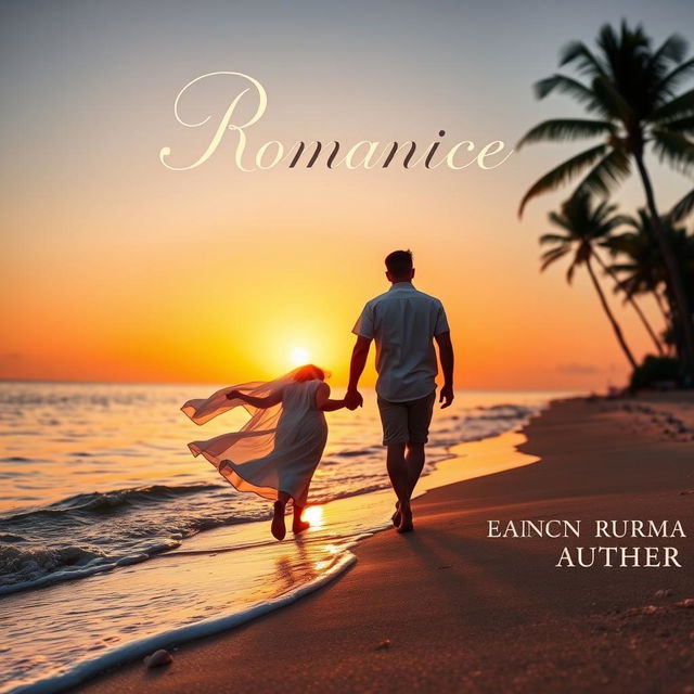 A romantic book cover featuring a serene sunset over a calm beach