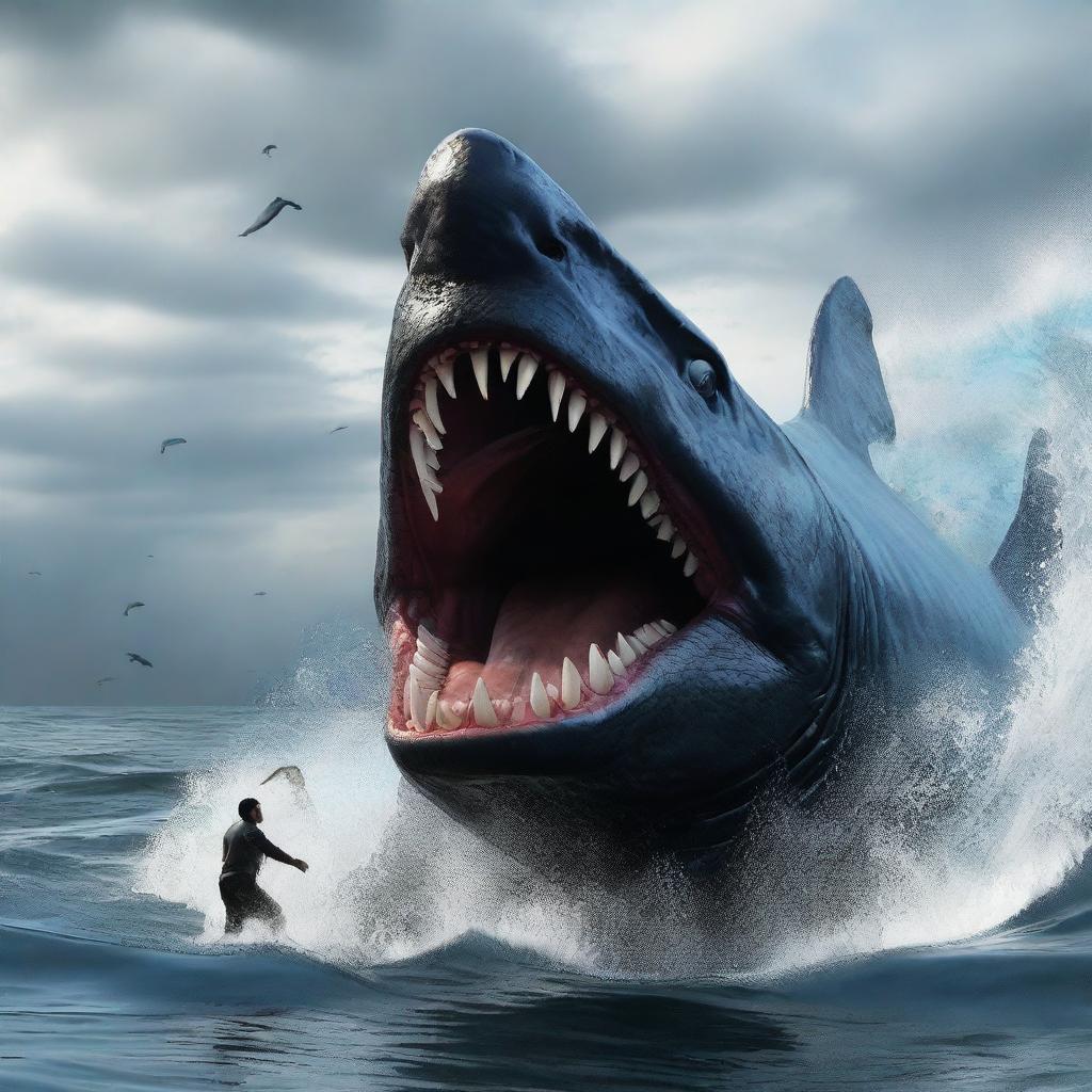 A Godzilla-like colossal sea fish, in high-definition, 4K, hyper-realistic style, devouring a megalodon shark.