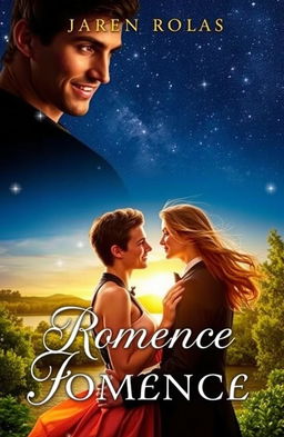 A romantic book cover featuring a captivating scene of a couple in an intimate embrace under a starlit sky