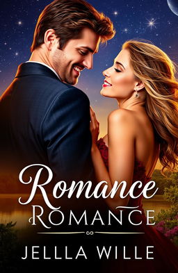 A romantic book cover featuring a captivating scene of a couple in an intimate embrace under a starlit sky