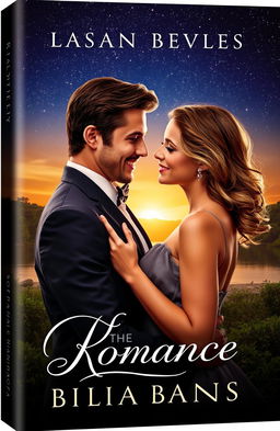 A romantic book cover featuring a captivating scene of a couple in an intimate embrace under a starlit sky