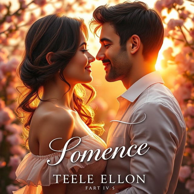 A romantic book cover showcasing an enchanting scene where a couple is gazing into each other's eyes with deep affection