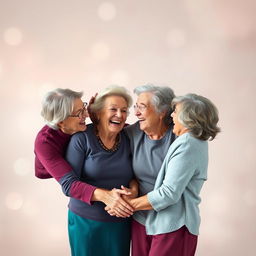 A surreal and artistic depiction of four elderly women in a playful, abstract setting