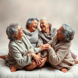 A surreal and artistic depiction of four elderly women in a playful, abstract setting