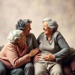 A surreal and artistic depiction of four elderly women in a playful, abstract setting