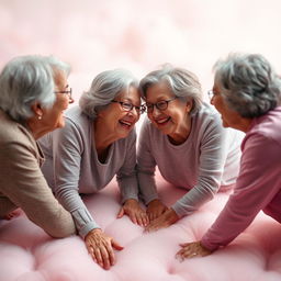 A surreal and artistic depiction of four elderly women in a playful, abstract setting