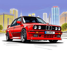 A bright red BMW E30 sedan with an aggressive sports style, featuring BBS wheels that extend over the wheel arches, creating a bold and dynamic appearance