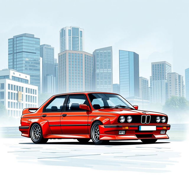 A bright red BMW E30 sedan with an aggressive sports style, featuring BBS wheels that extend over the wheel arches, creating a bold and dynamic appearance