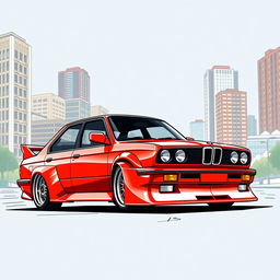 A bright red BMW E30 sedan with an aggressive sports style, featuring BBS wheels that extend over the wheel arches, creating a bold and dynamic appearance